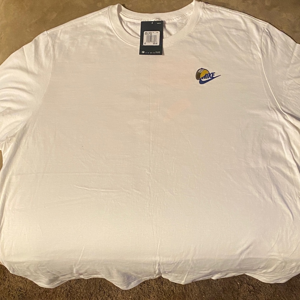Nike Men's White Long-Sleeve Tee with Small Blue & Yellow Logo